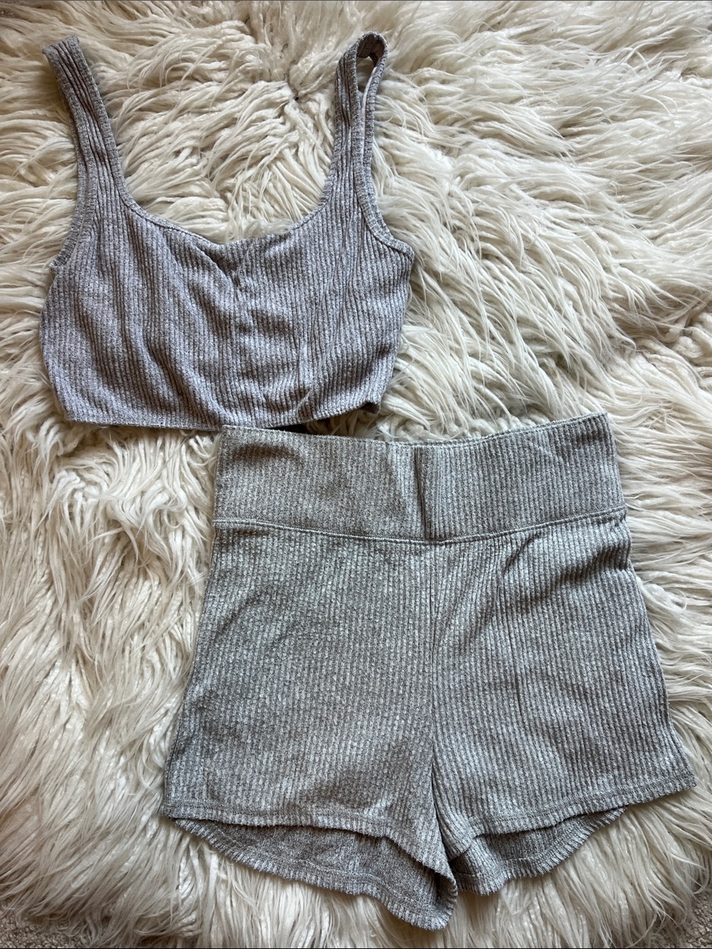 Ribbed Knit Crop Tank and High-Waist Shorts Set - Heather Gray